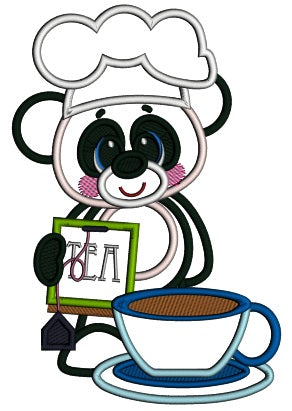Panda Cook Holding Tea Bag Applique Machine Embroidery Design Digitized Pattern