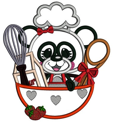 Panda Cook Sitting Inside Kitchen Bowl Applique Machine Embroidery Design Digitized Pattern