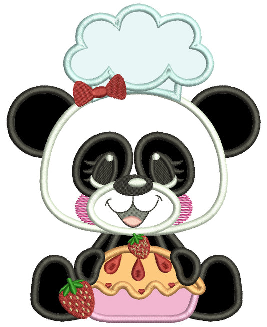 Panda Cook With Cherry Pie Applique Machine Embroidery Design Digitized Pattern
