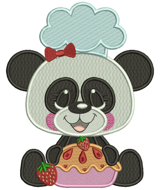 Panda Cook With Cherry Pie Filled Machine Embroidery Design Digitized Pattern