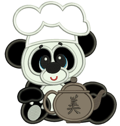 Panda Cook With Tea Kettle Applique Machine Embroidery Digitized Design Pattern