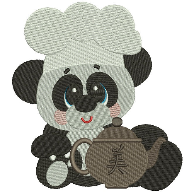 Panda Cook With Tea Kettle Filled Machine Embroidery Digitized Design Pattern