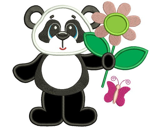 Panda with a Big Flower Applique Machine Embroidery Digitized Design Pattern