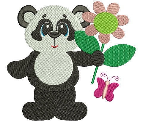 Panda with a Big Flower Filled Machine Embroidery Digitized Design Pattern