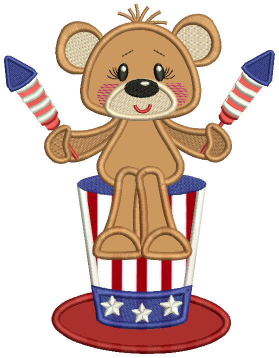 Patriotic Bear Holding Fire Crackers 4th Of July Independence Day Applique Machine Embroidery Design Digitized Pattern