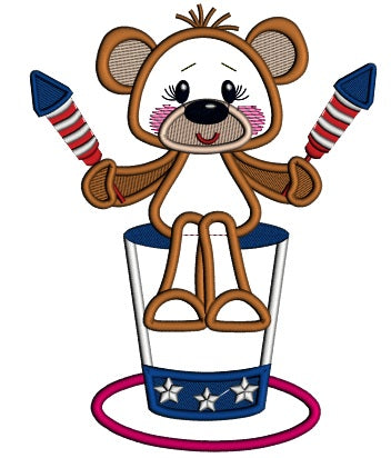 Patriotic Bear Holding Fire Crackers 4th Of July Independence Day Applique Machine Embroidery Design Digitized Pattern