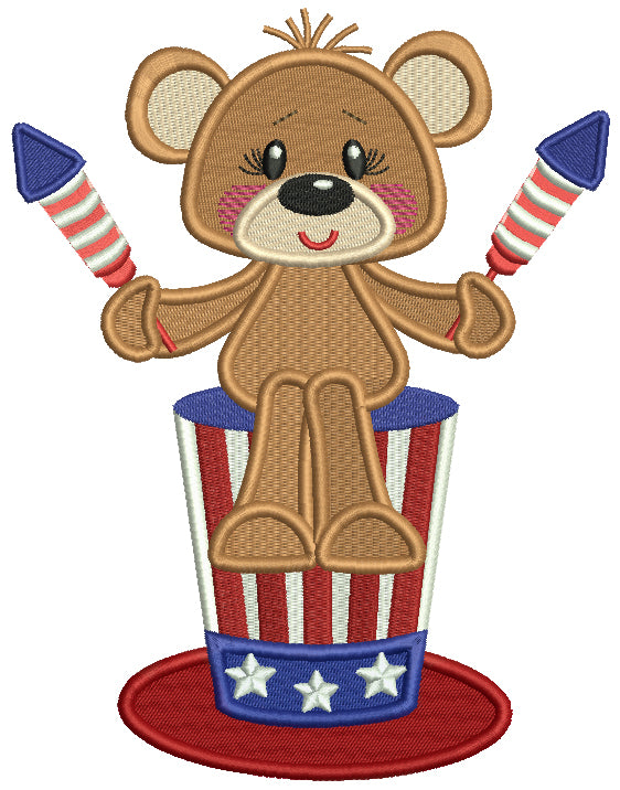 Patriotic Bear Holding Fire Crackers 4th Of July Independence Day Filled Machine Embroidery Design Digitized Pattern