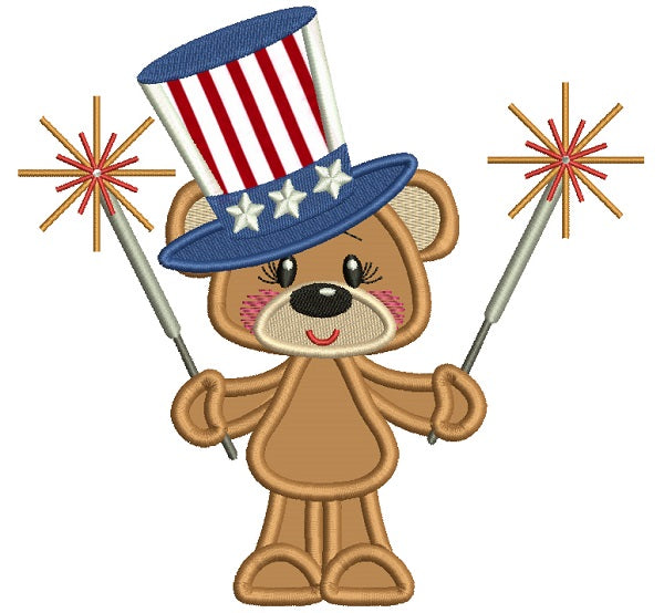 Patriotic Bear Holding Firecrackers Applique Machine Embroidery Design Digitized Pattern