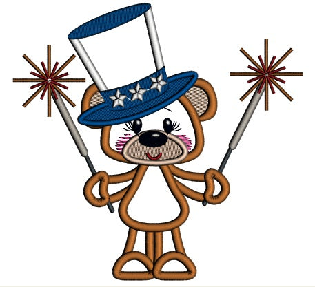 Patriotic Bear Holding Firecrackers Applique Machine Embroidery Design Digitized Pattern