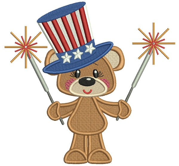 Patriotic Bear Holding Firecrackers Filled Machine Embroidery Design Digitized Pattern