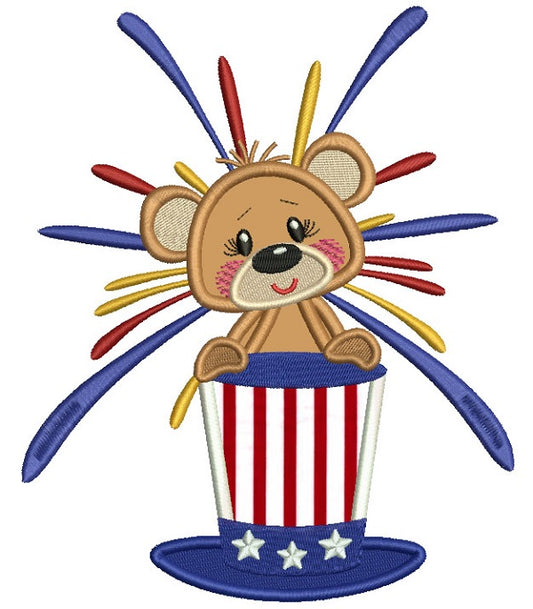 Patriotic Bear Holding Independence Day American Hat Applique Machine Embroidery Design Digitized Pattern