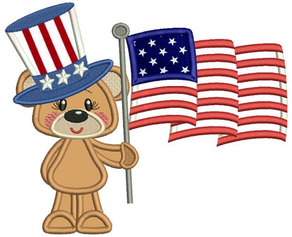 Patriotic Bear With An American Flag Applique Machine Embroidery Design Digitized Pattern
