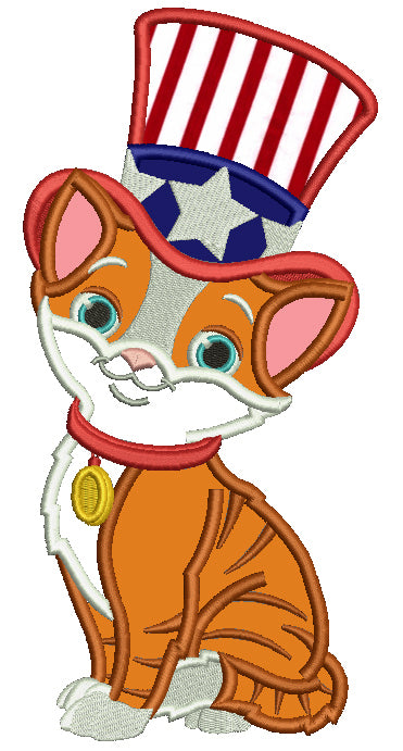 Patriotic Cat Wearing USA Hat Applique Machine Embroidery Design Digitized Pattern