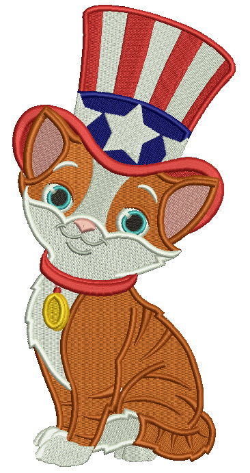 Patriotic Cat Wearing USA Hat Filled Machine Embroidery Design Digitized Pattern