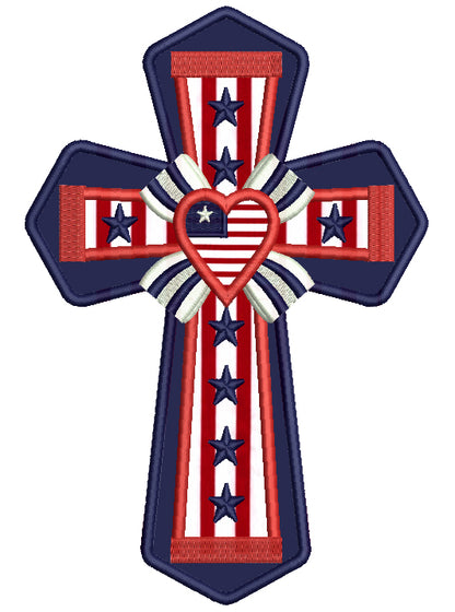 Patriotic Cross With a Heart Applique Machine Embroidery Design Digitized Pattern