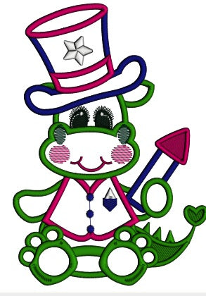 Patriotic Dino Wearing a Hat Applique Machine Embroidery Design Digitized Pattern