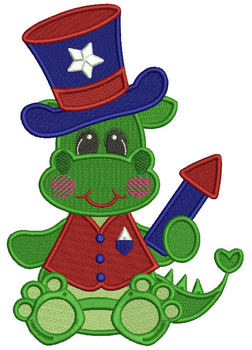 Patriotic Dino Wearing a Hat Filled Machine Embroidery Design Digitized Pattern