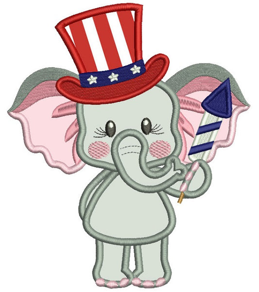 Patriotic Elephant Holding Firecracker Applique Machine Embroidery Design Digitized Pattern