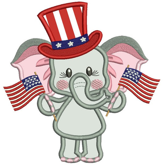 Patriotic Elephant Holding USA Flags Applique Machine Embroidery Design Digitized Pattern