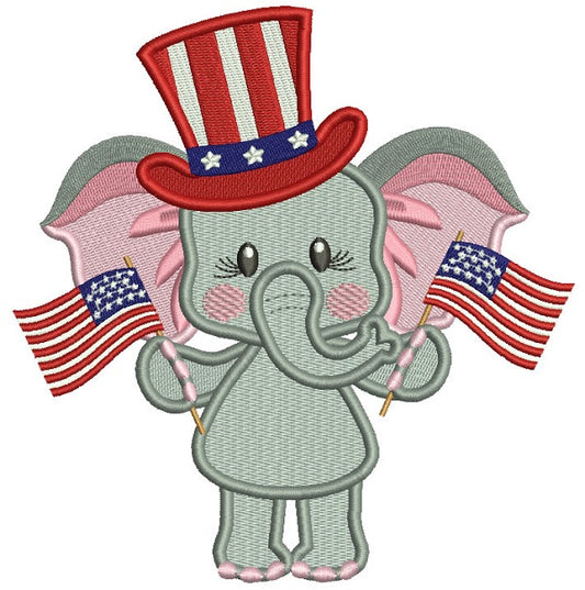 Patriotic Elephant Holding USA Flags Filled Machine Embroidery Design Digitized Pattern