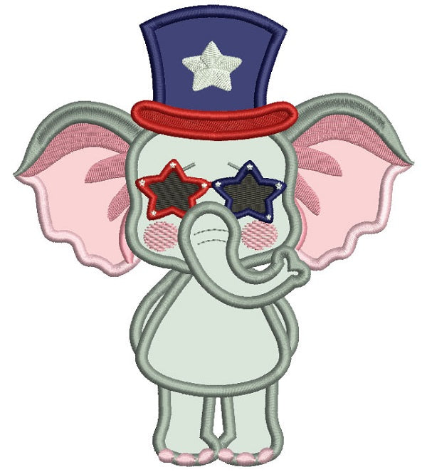 Patriotic Elephant Wearing USA Hat Applique Machine Embroidery Design Digitized Pattern