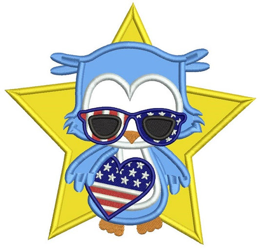 Patriotic Owl Boy Independence Day Holding USA Flag Heart Applique Machine Embroidery Design Digitized Pattern