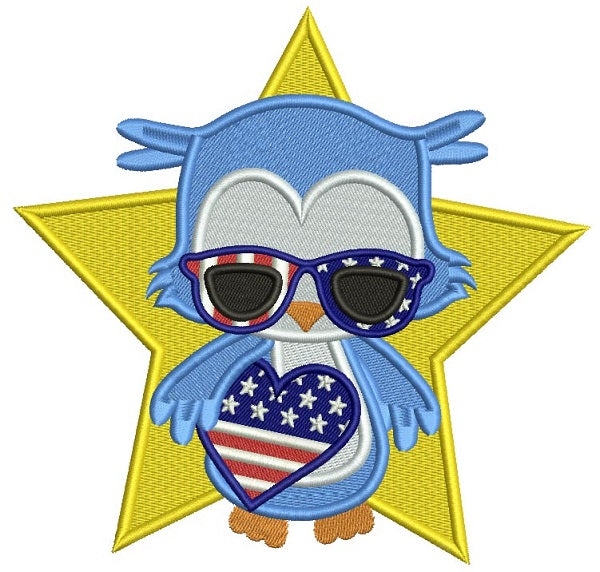 Patriotic Owl Boy Independence Day Holding USA Flag Heart Filled Machine Embroidery Design Digitized Pattern
