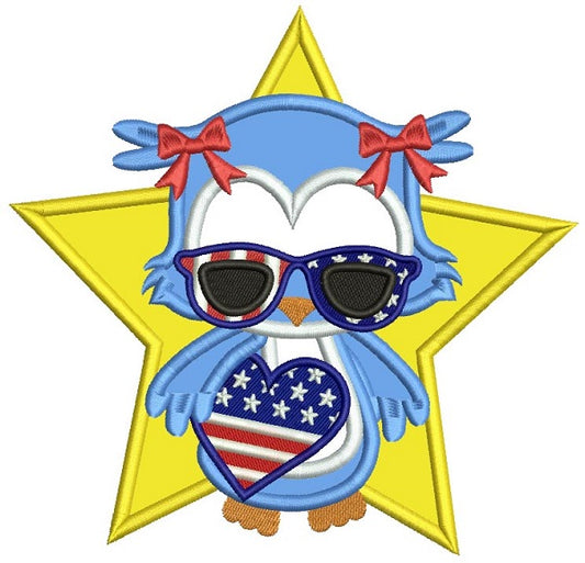 Patriotic Owl Independence Day Holding USA Flag Heart Applique Machine Embroidery Design Digitized Pattern