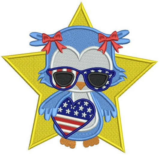 Patriotic Owl Independence Day Holding USA Flag Heart Filled Machine Embroidery Design Digitized Pattern