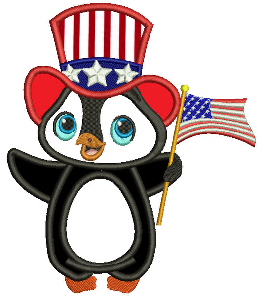 Patriotic Penguin Wearing USA Hat and Flag Applique Machine Embroidery Design Digitized Pattern