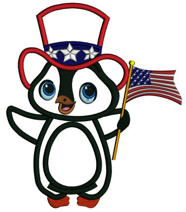 Patriotic Penguin Wearing USA Hat and Flag Applique Machine Embroidery Design Digitized Pattern