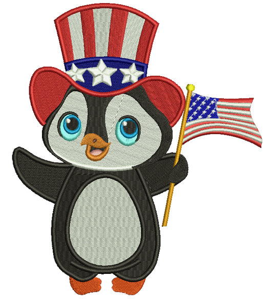 Patriotic Penguin Wearing USA Hat and Flag Filled Machine Embroidery Design Digitized Pattern