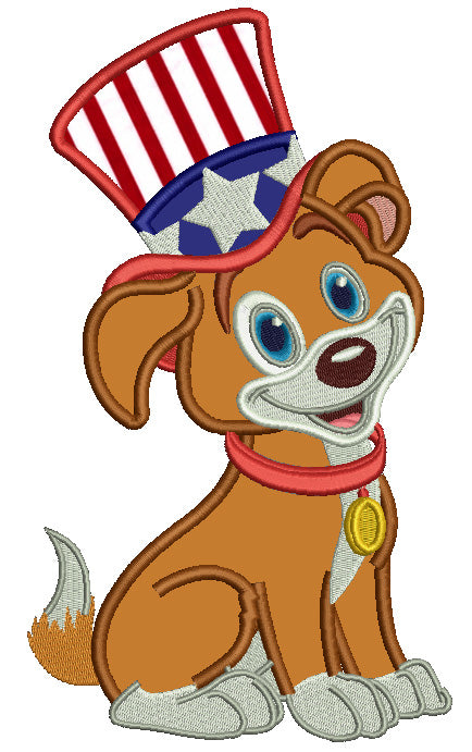Patriotic Puppy Wearing USA Hat Applique Machine Embroidery Design Digitized Pattern