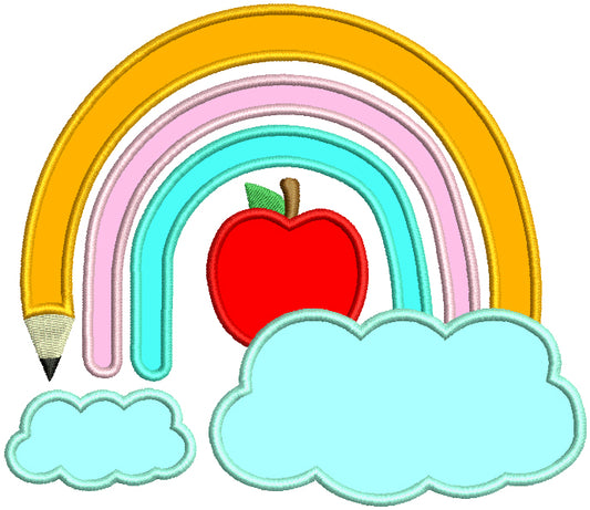 Pencil Rainbow Apple And Clouds School Applique Machine Embroidery Design Digitized Pattern