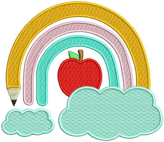 Pencil Rainbow Apple And Clouds School Filled Machine Embroidery Design Digitized Pattern