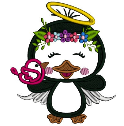 Penguin Angel Holding a BIrd Applique Christmas Machine Embroidery Design Digitized Pattern
