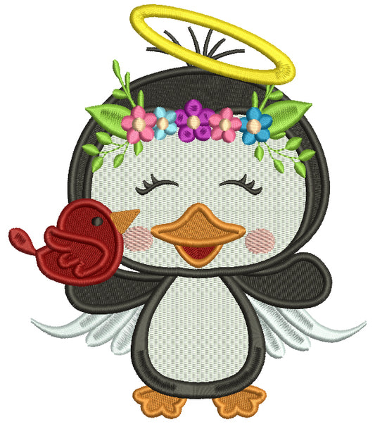 Penguin Angel Holding a BIrd Filled Christmas Machine Embroidery Design Digitized Pattern
