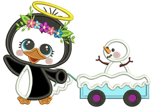 Penguin Angel Pulling Wagon With Snowman Applique Christmas Machine Embroidery Design Digitized Pattern