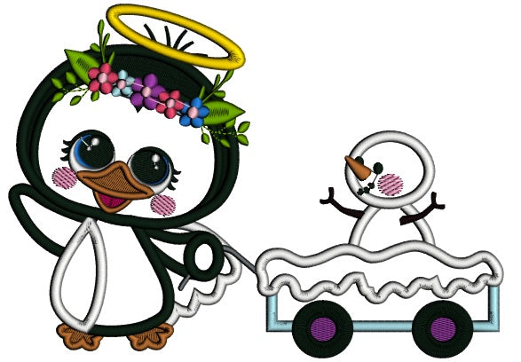 Penguin Angel Pulling Wagon With Snowman Applique Christmas Machine Embroidery Design Digitized Pattern