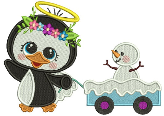 Penguin Angel Pulling Wagon With Snowman Filled Christmas Machine Embroidery Design Digitized Pattern