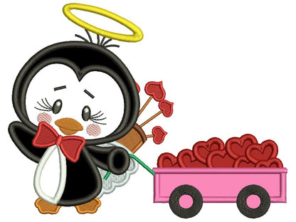 Penguin Angel With Wagon Full Of Hearts Applique Machine Embroidery Design Digitized Pattern