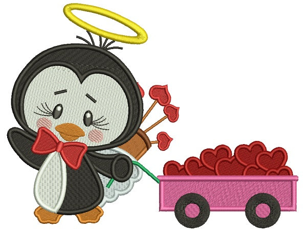 Penguin Angel With Wagon Full Of Hearts Filled Machine Embroidery Design Digitized Pattern