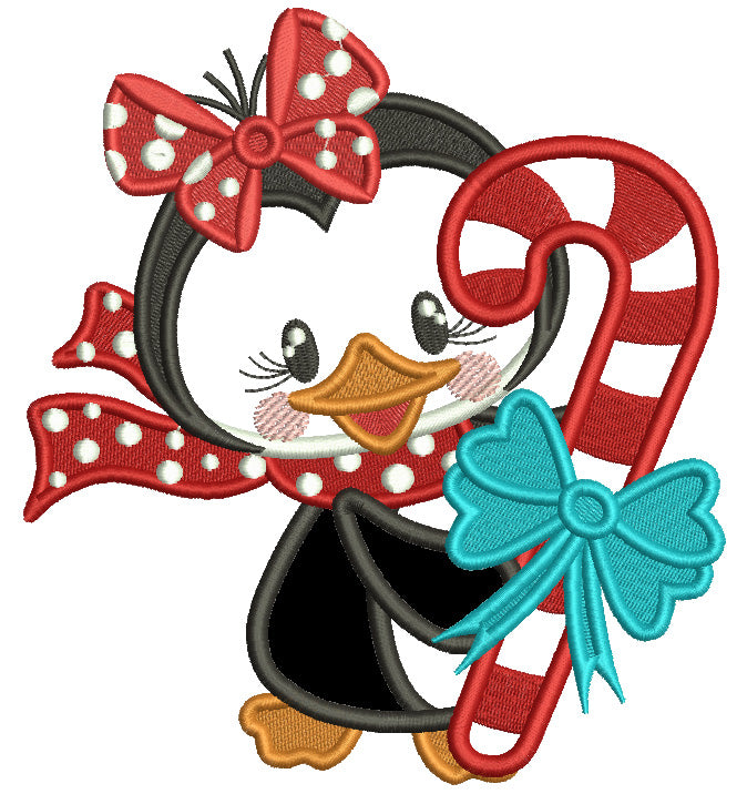 Penguin Girl Holding Big Candy Cane Christmas Applique Machine Embroidery Design Digitized Pattern Filled Machine Embroidery Design Digitized Pattern