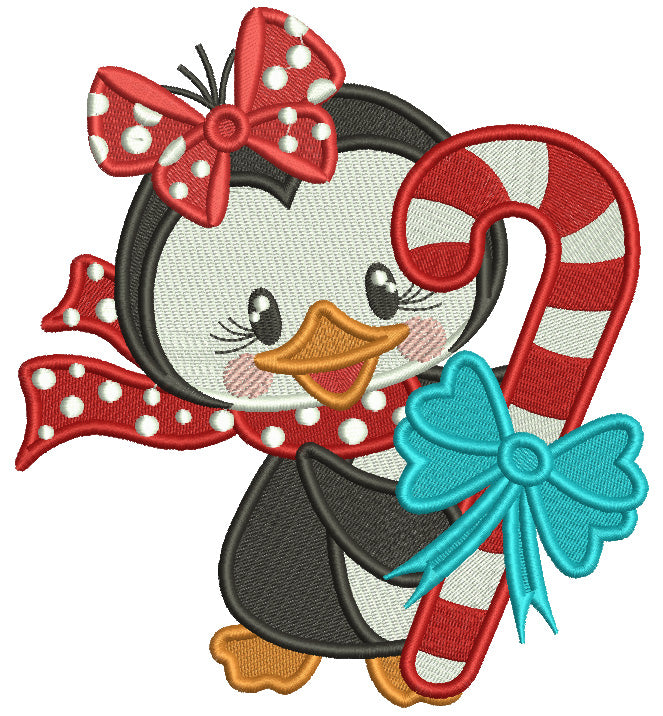 Penguin Girl Holding Big Candy Cane Christmas Filled Machine Embroidery Design Digitized Pattern Filled Machine Embroidery Design Digitized Pattern