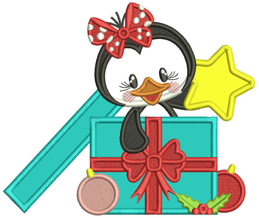 Penguin Girl Holding Presents Christmas Applique Machine Embroidery Design Digitized Pattern Filled Machine Embroidery Design Digitized Pattern