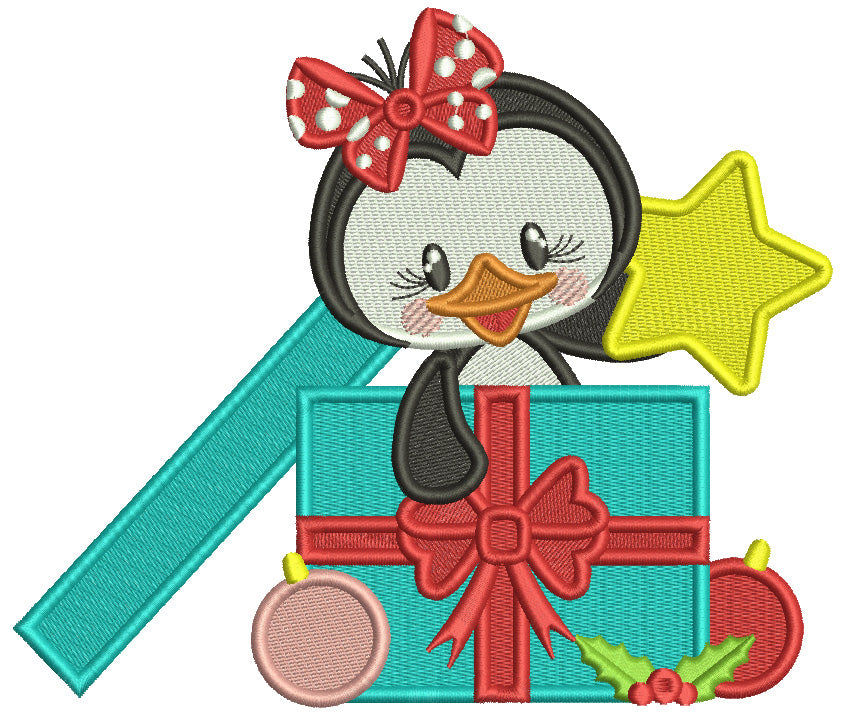 Penguin Girl Holding Presents Christmas Filled Machine Embroidery Design Digitized Pattern Filled Machine Embroidery Design Digitized Pattern