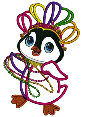 Penguin Holding Beads Applique Mardi Gras Machine Embroidery Design Digitized Pattern