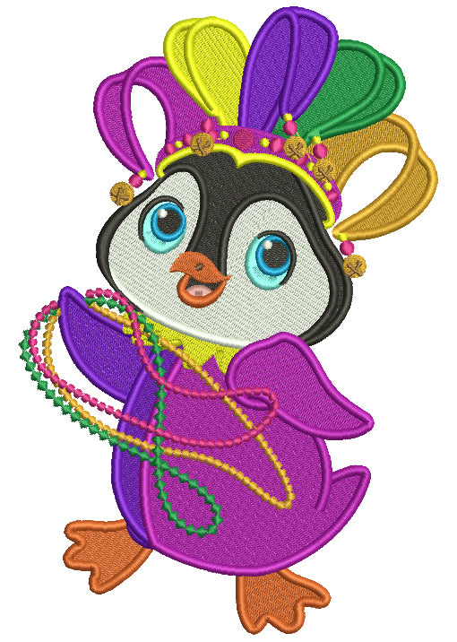 Penguin Holding Beads Filled Mardi Gras Machine Embroidery Design Digitized Pattern