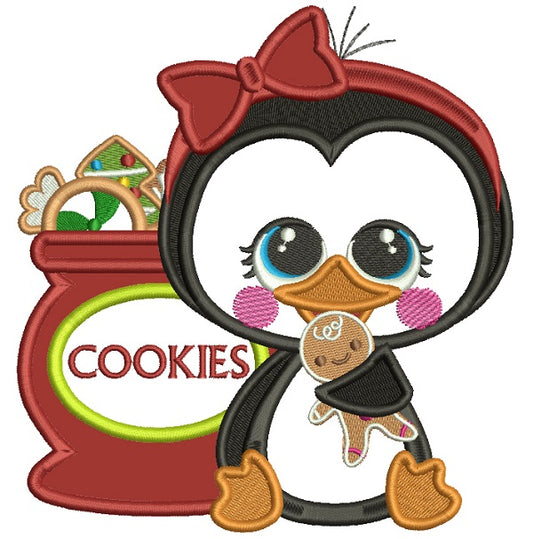 Penguin Holding Gingerbread Man Next To Bag Of Cookies Applique Christmas Machine Embroidery Design Digitized Pattern