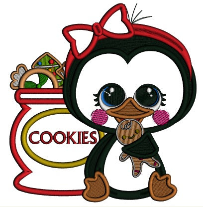 Penguin Holding Gingerbread Man Next To Bag Of Cookies Applique Christmas Machine Embroidery Design Digitized Pattern